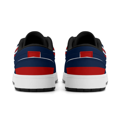 New England football Jamrock Low top sneakers in navy, red, white with football badge with a colonial-era soldier figure