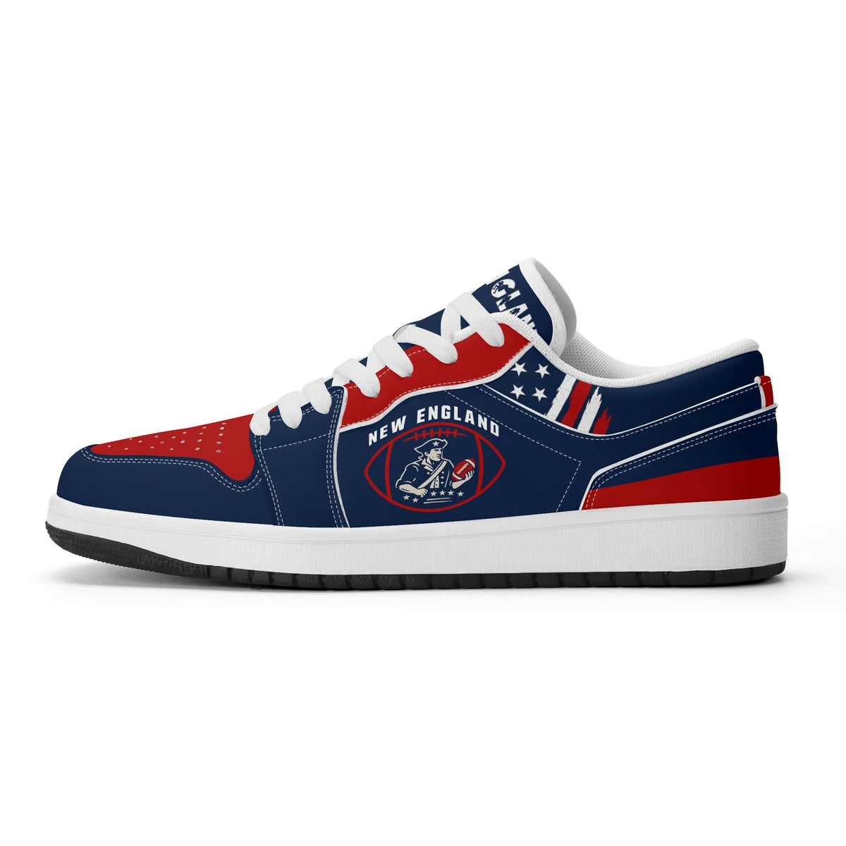 New England football Jamrock Low top sneakers in navy, red, white with football badge with a colonial-era soldier figure
