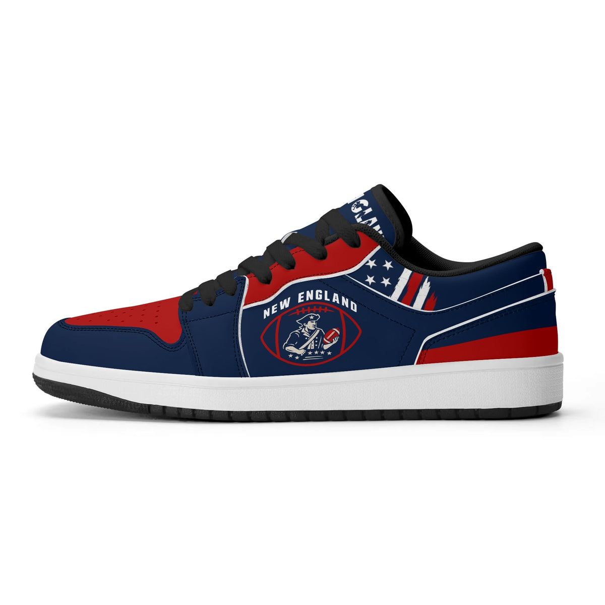 New England football Jamrock Low top sneakers in navy, red, white with football badge with a colonial-era soldier figure