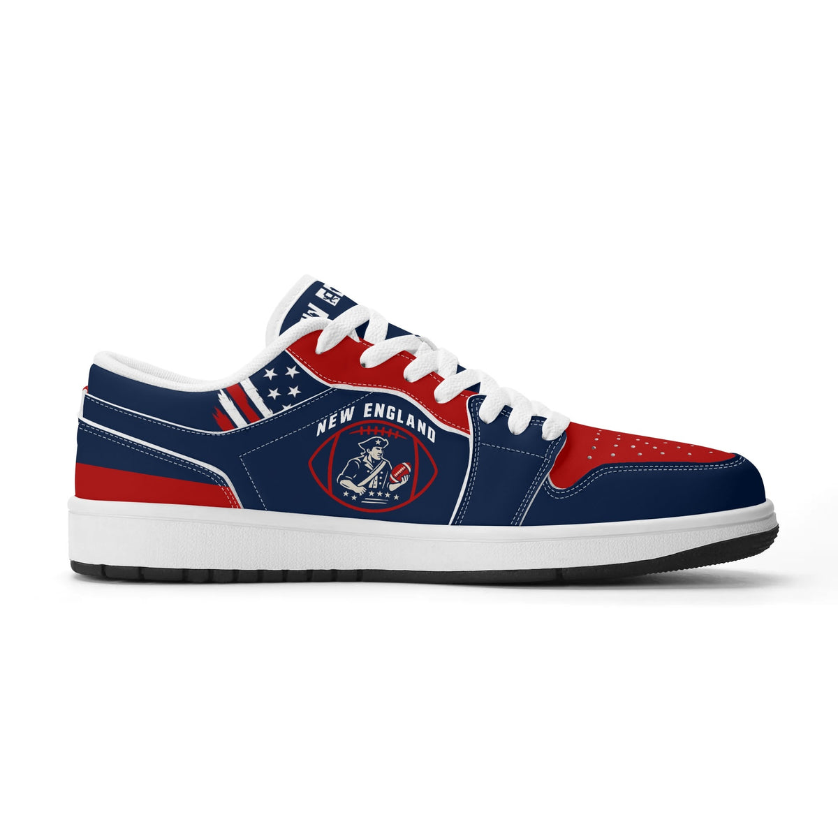 New England football Jamrock Low top sneakers in navy, red, white with football badge with a colonial-era soldier figure