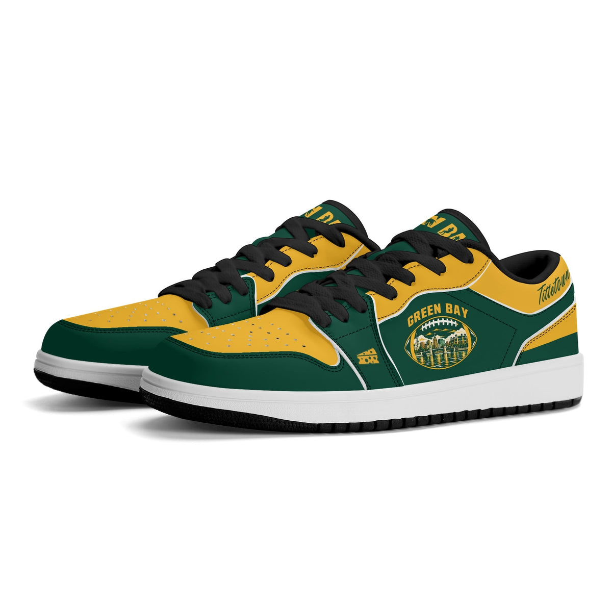 Green Bay football Jamrock Low top sneakers in green, gold, white with football badge with the city skyline over the river, plus a cheese-wedge heel icon