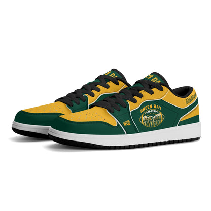 Green Bay football Jamrock Low top sneakers in green, gold, white with football badge with the city skyline over the river, plus a cheese-wedge heel icon