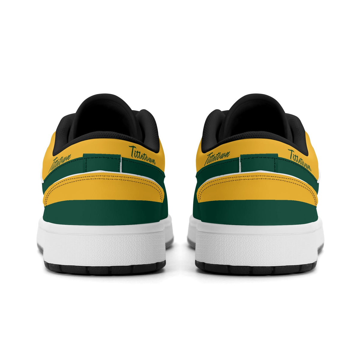 Green Bay football Jamrock Low top sneakers in green, gold, white with football badge with the city skyline over the river, plus a cheese-wedge heel icon