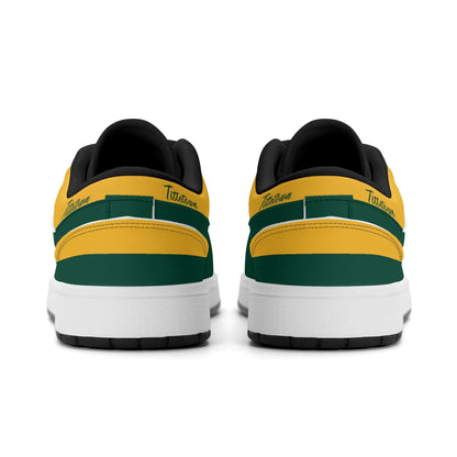 Green Bay football Jamrock Low top sneakers in green, gold, white with football badge with the city skyline over the river, plus a cheese-wedge heel icon