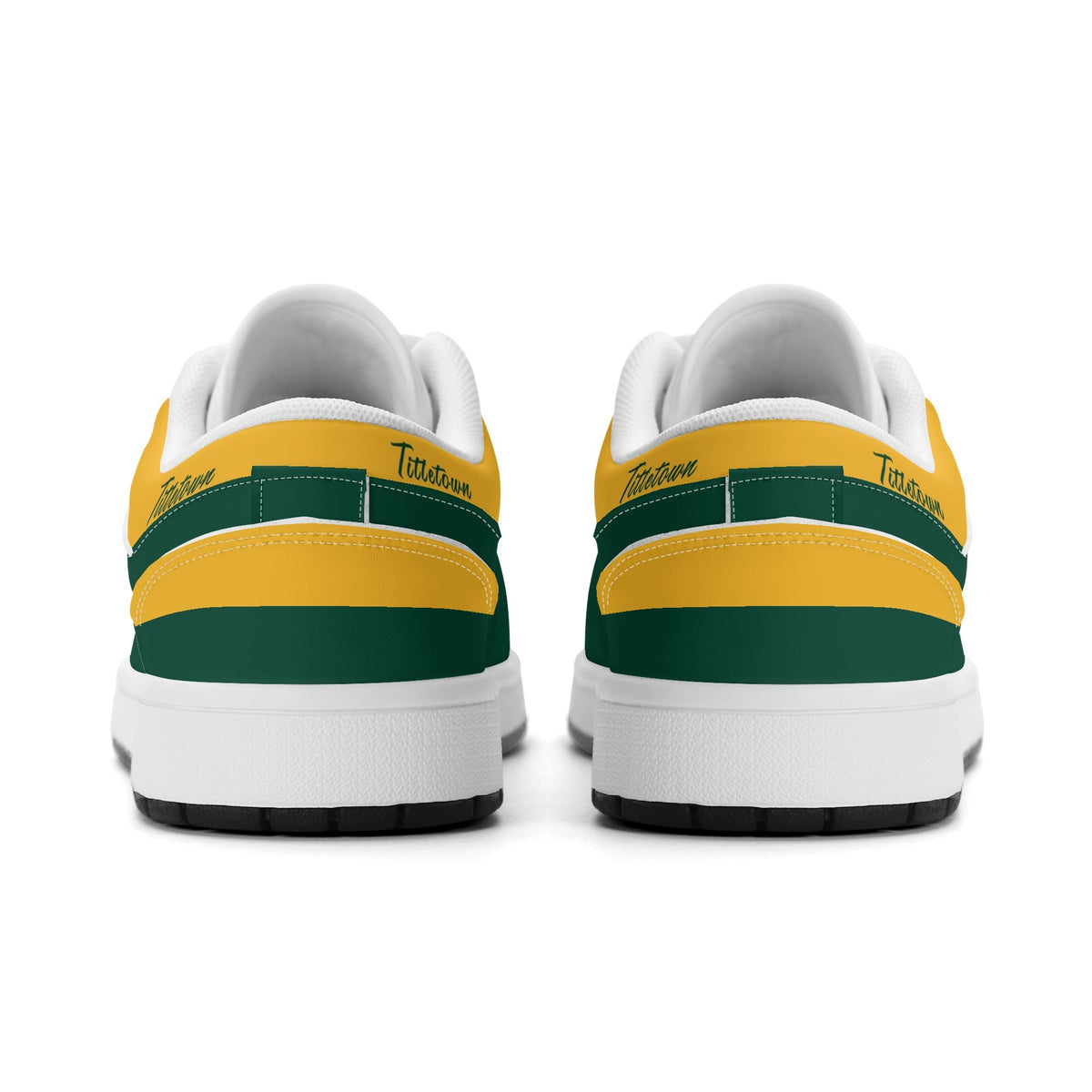 Green Bay football Jamrock Low top sneakers in green, gold, white with football badge with the city skyline over the river, plus a cheese-wedge heel icon