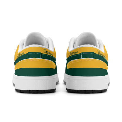 Green Bay football Jamrock Low top sneakers in green, gold, white with football badge with the city skyline over the river, plus a cheese-wedge heel icon