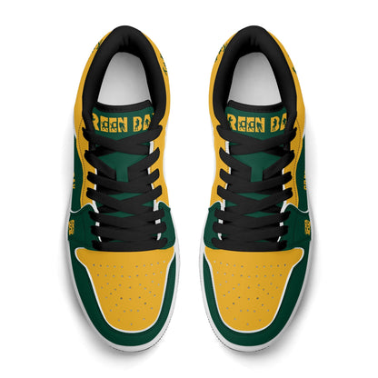 Green Bay football Jamrock Low top sneakers in green, gold, white with football badge with the city skyline over the river, plus a cheese-wedge heel icon