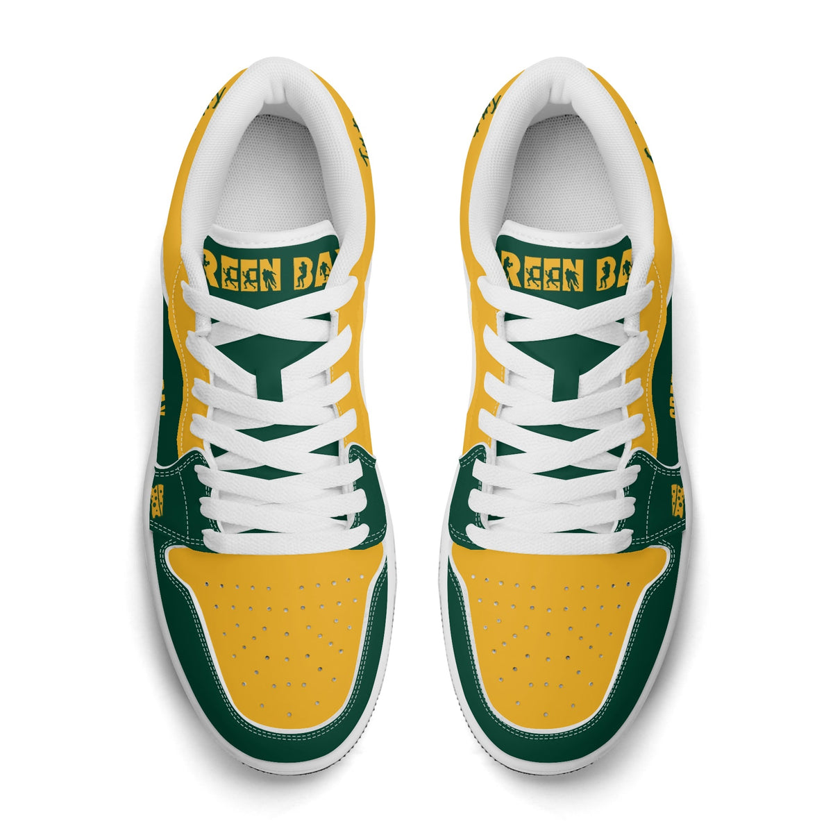 Green Bay football Jamrock Low top sneakers in green, gold, white with football badge with the city skyline over the river, plus a cheese-wedge heel icon