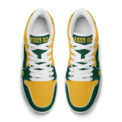Green Bay football Jamrock Low top sneakers in green, gold, white with football badge with the city skyline over the river, plus a cheese-wedge heel icon