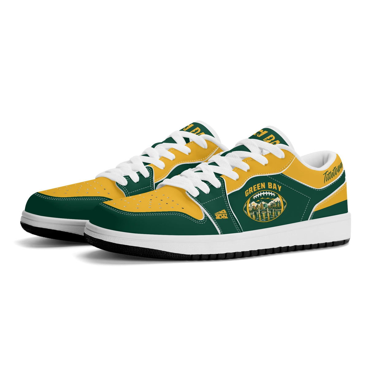 Green Bay football Jamrock Low top sneakers in green, gold, white with football badge with the city skyline over the river, plus a cheese-wedge heel icon