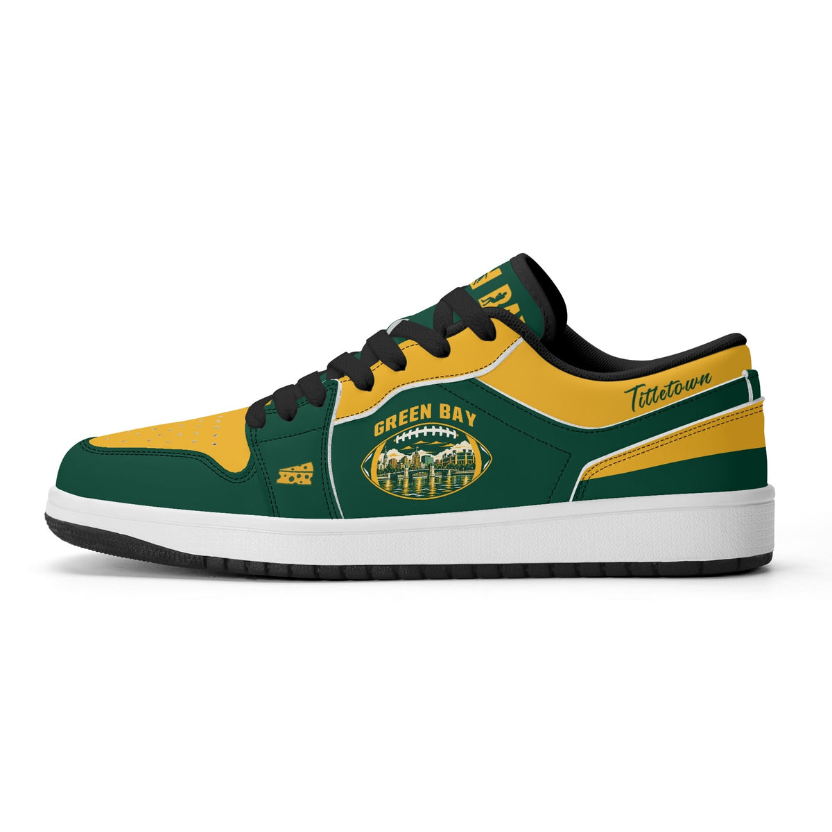 Green Bay football Jamrock Low top sneakers in green, gold, white with football badge with the city skyline over the river, plus a cheese-wedge heel icon
