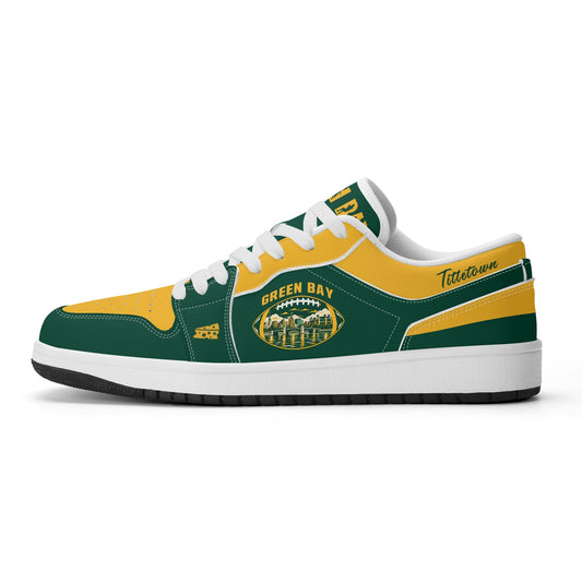Green Bay football Jamrock Low top sneakers in green, gold, white with football badge with the city skyline over the river, plus a cheese-wedge heel icon