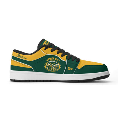 Green Bay football Jamrock Low top sneakers in green, gold, white with football badge with the city skyline over the river, plus a cheese-wedge heel icon