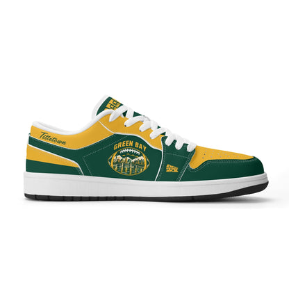 Green Bay football Jamrock Low top sneakers in green, gold, white with football badge with the city skyline over the river, plus a cheese-wedge heel icon