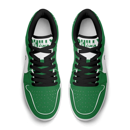 Philadelphia football Jamrock Low top sneakers in green, white with bold city mascot graphic on the quarter panel
