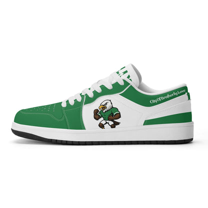 Philadelphia football Jamrock Low top sneakers in green, white with bold city mascot graphic on the quarter panel