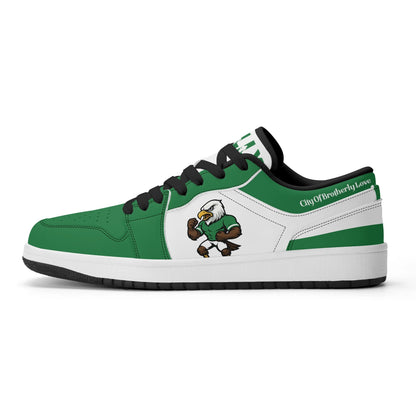 Philadelphia football Jamrock Low top sneakers in green, white with bold city mascot graphic on the quarter panel