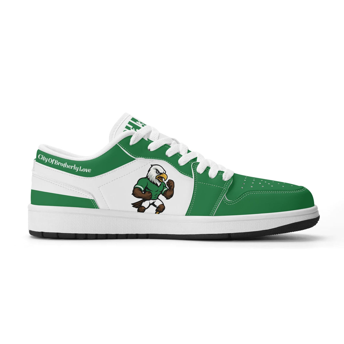 Philadelphia football Jamrock Low top sneakers in green, white with bold city mascot graphic on the quarter panel