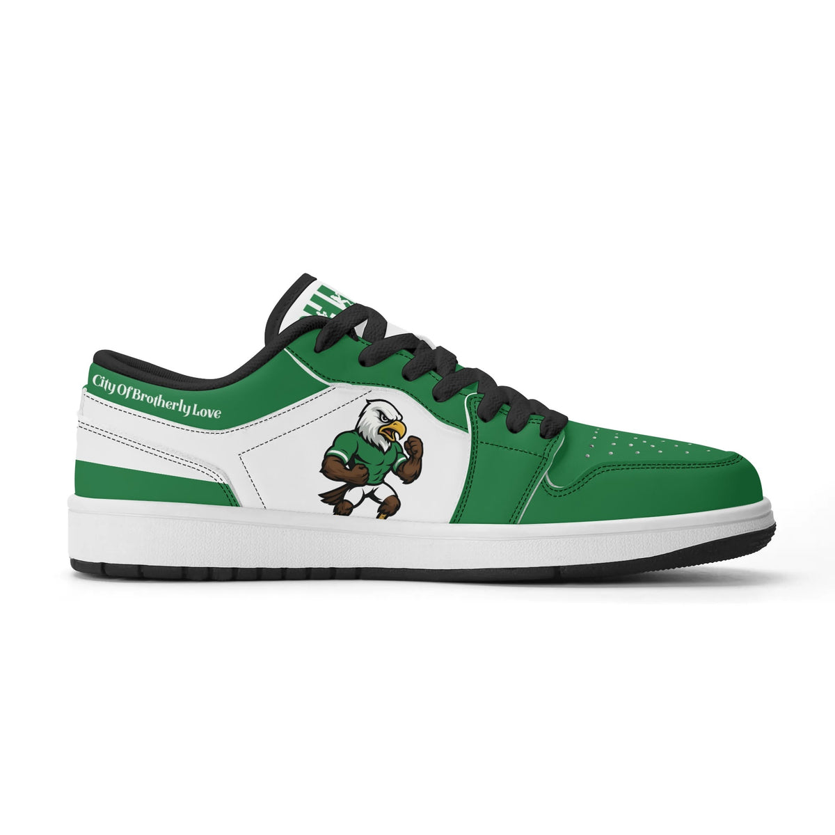 Philadelphia football Jamrock Low top sneakers in green, white with bold city mascot graphic on the quarter panel