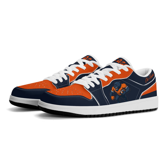 Chicago football Jamrock Low top sneakers in navy, orange, white with bold city mascot graphic carrying a football on the side panel