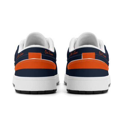 Chicago football Jamrock Low top sneakers in navy, orange, white with bold city mascot graphic carrying a football on the side panel