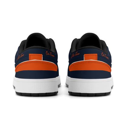 Chicago football Jamrock Low top sneakers in navy, orange, white with bold city mascot graphic carrying a football on the side panel