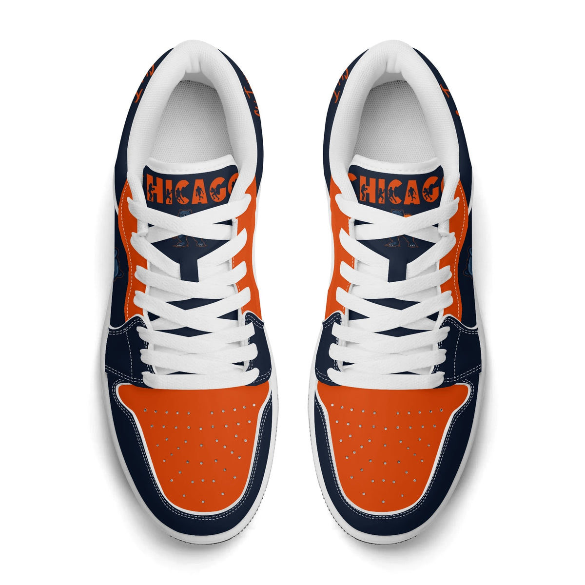 Chicago football Jamrock Low top sneakers in navy, orange, white with bold city mascot graphic carrying a football on the side panel