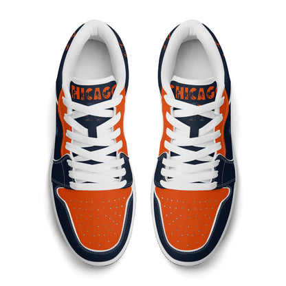 Chicago football Jamrock Low top sneakers in navy, orange, white with bold city mascot graphic carrying a football on the side panel