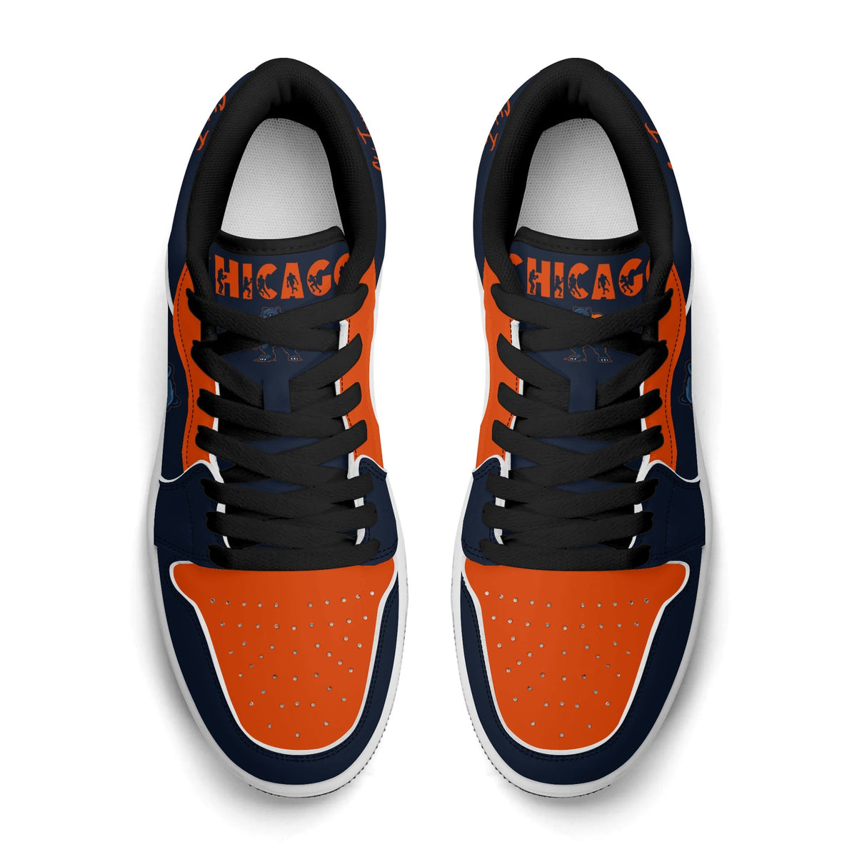 Chicago football Jamrock Low top sneakers in navy, orange, white with bold city mascot graphic carrying a football on the side panel