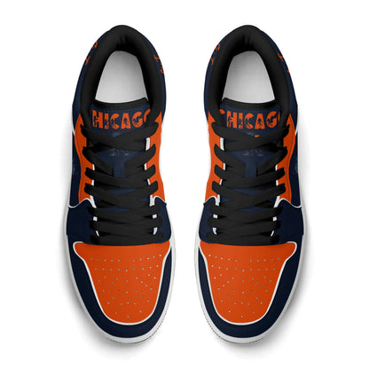 Chicago football Jamrock Low top sneakers in navy, orange, white with bold city mascot graphic carrying a football on the side panel