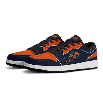 Chicago football Jamrock Low top sneakers in navy, orange, white with bold city mascot graphic carrying a football on the side panel