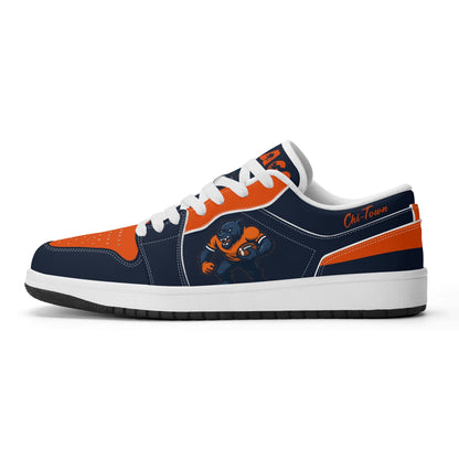 Chicago football Jamrock Low top sneakers in navy, orange, white with bold city mascot graphic carrying a football on the side panel