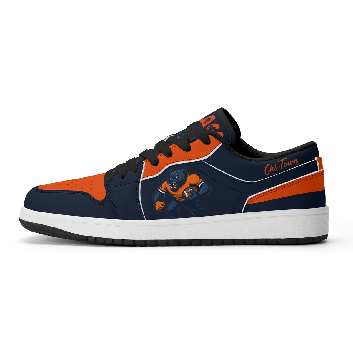 Chicago football Jamrock Low top sneakers in navy, orange, white with bold city mascot graphic carrying a football on the side panel