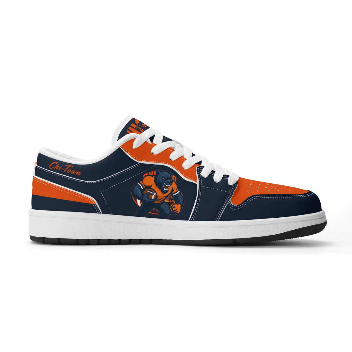 Chicago football Jamrock Low top sneakers in navy, orange, white with bold city mascot graphic carrying a football on the side panel