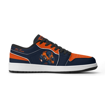 Chicago football Jamrock Low top sneakers in navy, orange, white with bold city mascot graphic carrying a football on the side panel
