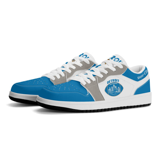 Detroit football Jamrock Low top sneakers in blue, white, gray with football badge with a player silhouette over the riverfront skyline