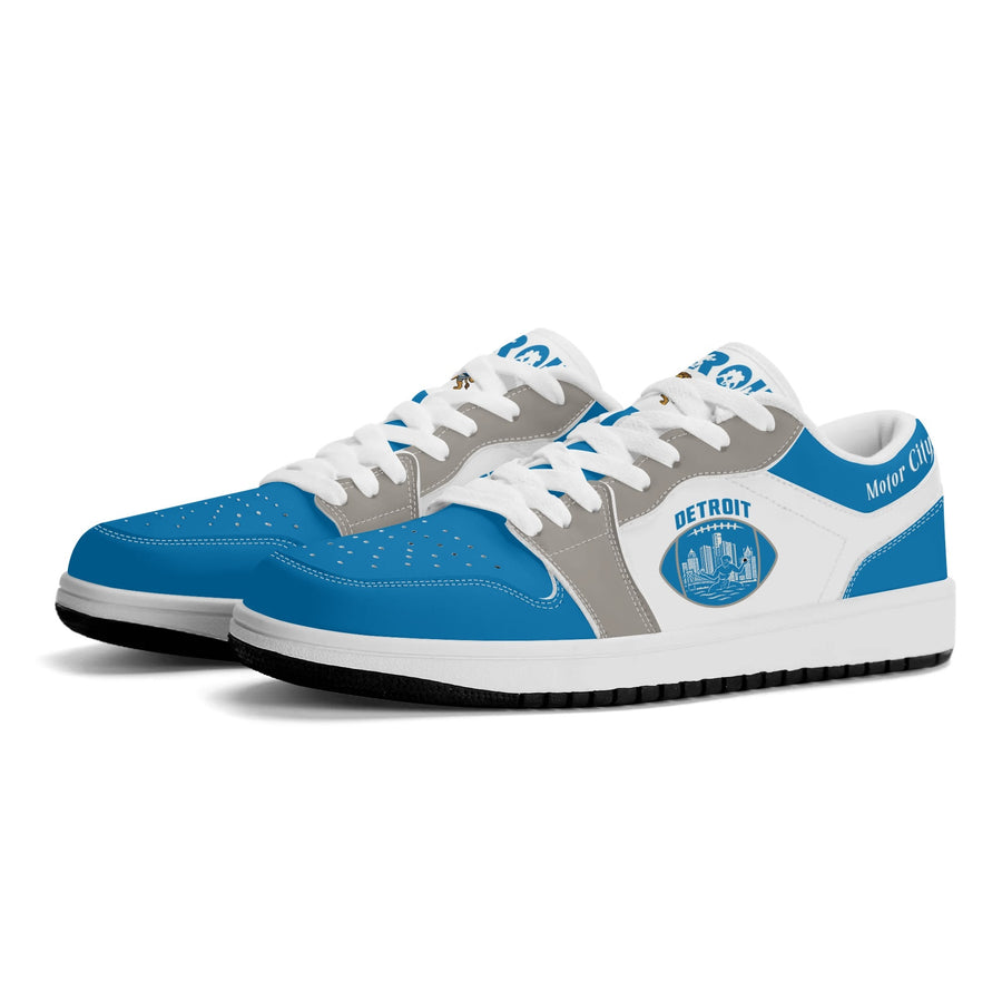 Detroit football Jamrock Low top sneakers in blue, white, gray with football badge with a player silhouette over the riverfront skyline