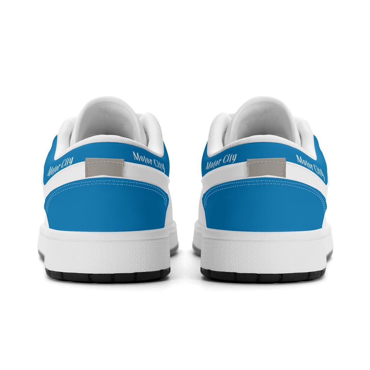 Detroit football Jamrock Low top sneakers in blue, white, gray with football badge with a player silhouette over the riverfront skyline