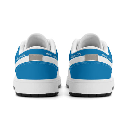 Detroit football Jamrock Low top sneakers in blue, white, gray with football badge with a player silhouette over the riverfront skyline