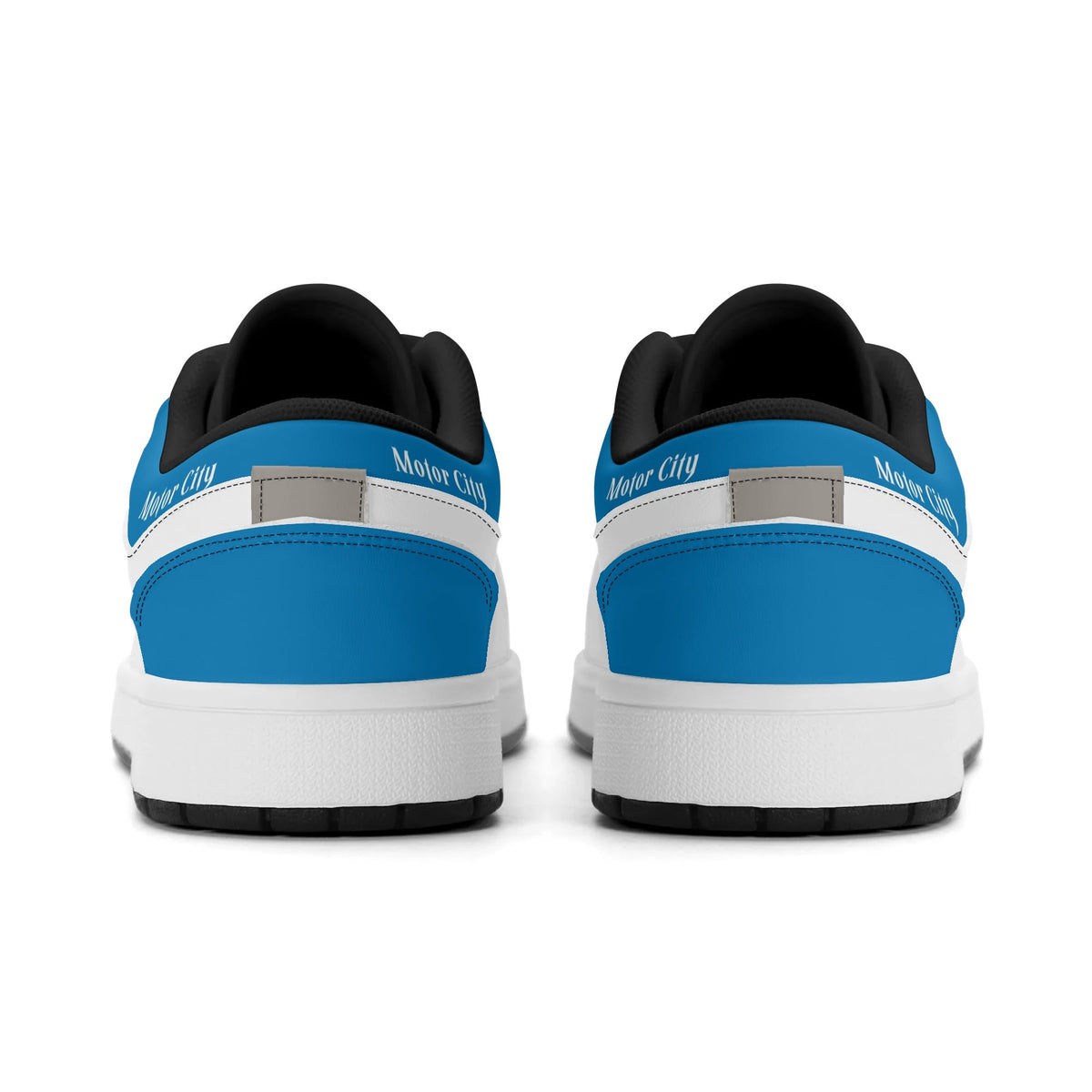 Detroit football Jamrock Low top sneakers in blue, white, gray with football badge with a player silhouette over the riverfront skyline