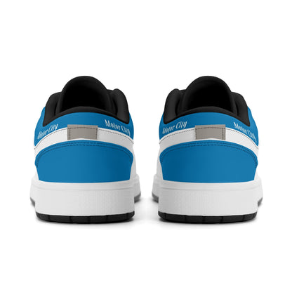 Detroit football Jamrock Low top sneakers in blue, white, gray with football badge with a player silhouette over the riverfront skyline