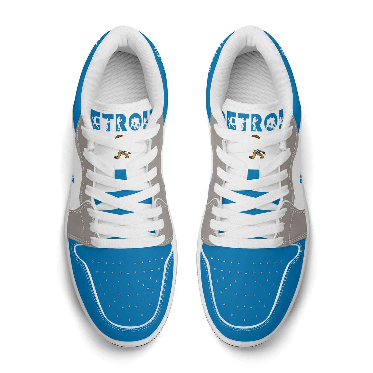 Detroit football Jamrock Low top sneakers in blue, white, gray with football badge with a player silhouette over the riverfront skyline