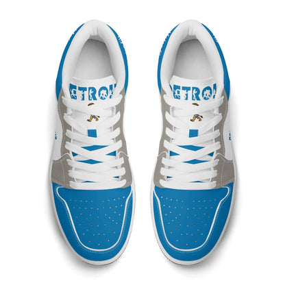 Detroit football Jamrock Low top sneakers in blue, white, gray with football badge with a player silhouette over the riverfront skyline