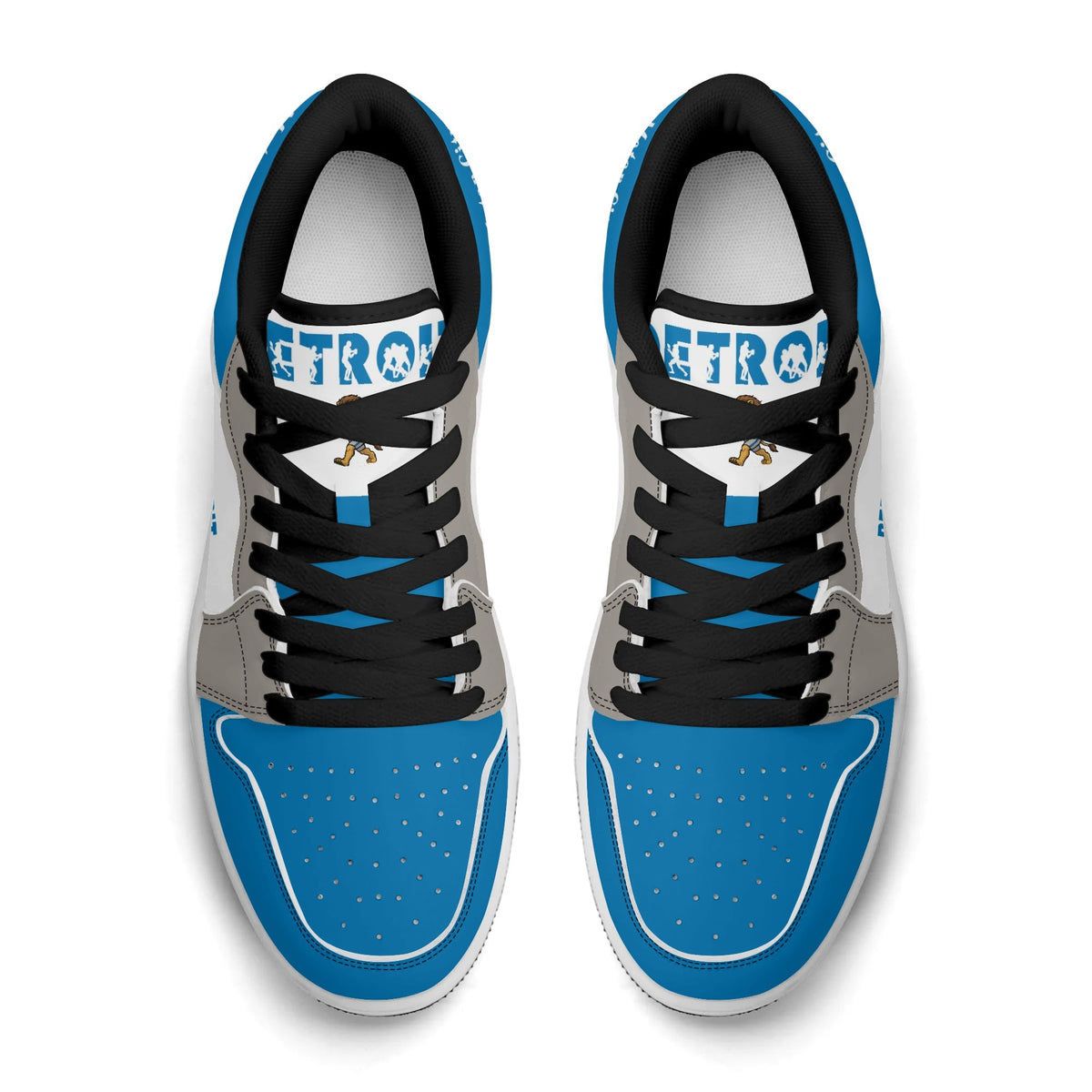 Detroit football Jamrock Low top sneakers in blue, white, gray with football badge with a player silhouette over the riverfront skyline