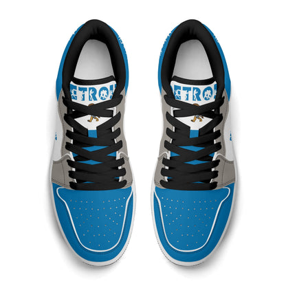 Detroit football Jamrock Low top sneakers in blue, white, gray with football badge with a player silhouette over the riverfront skyline