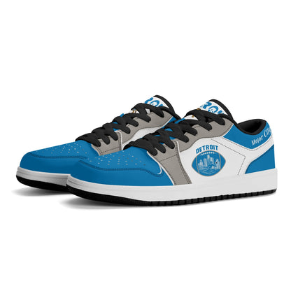 Detroit football Jamrock Low top sneakers in blue, white, gray with football badge with a player silhouette over the riverfront skyline