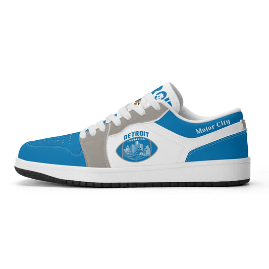 Detroit football Jamrock Low top sneakers in blue, white, gray with football badge with a player silhouette over the riverfront skyline