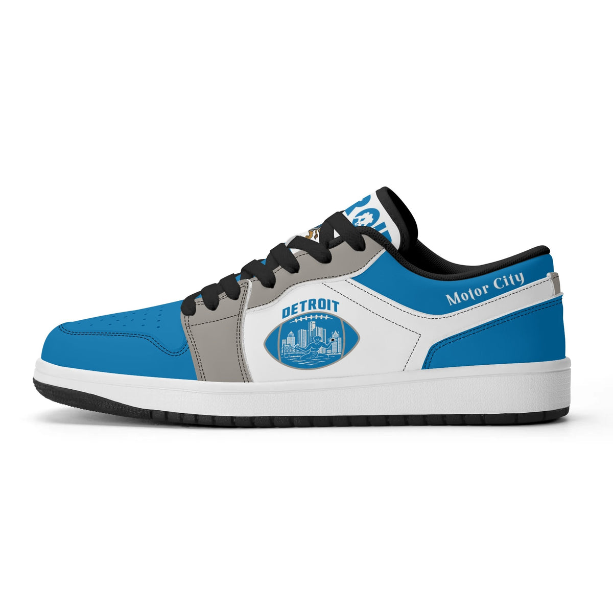 Detroit football Jamrock Low top sneakers in blue, white, gray with football badge with a player silhouette over the riverfront skyline