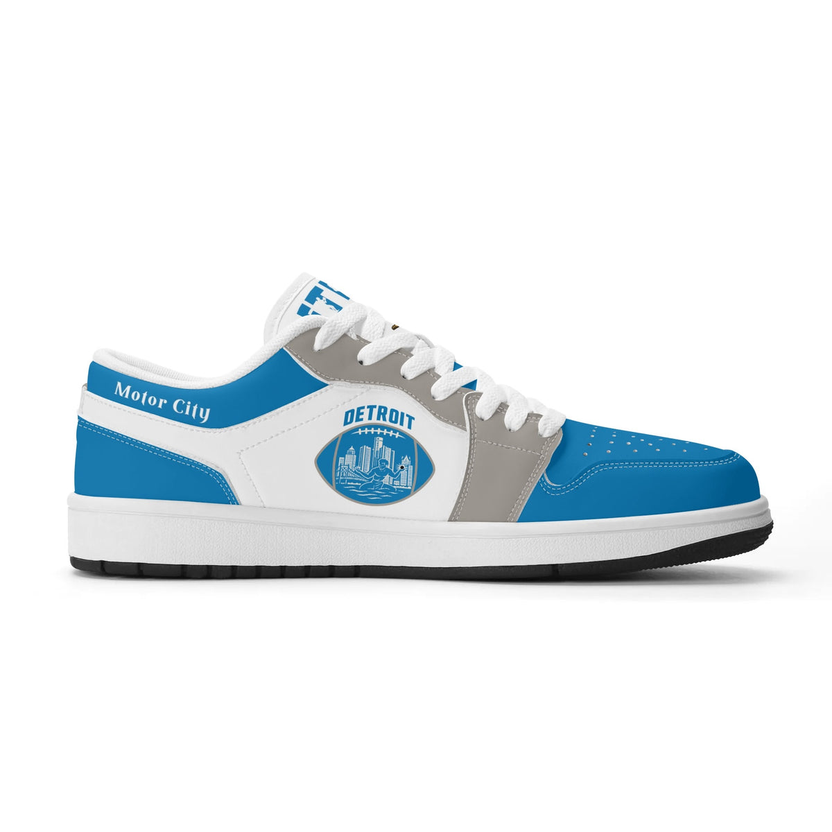 Detroit football Jamrock Low top sneakers in blue, white, gray with football badge with a player silhouette over the riverfront skyline