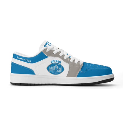 Detroit football Jamrock Low top sneakers in blue, white, gray with football badge with a player silhouette over the riverfront skyline
